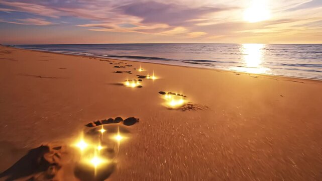 Magical glowing footprints appearing on a sandy beach at sunset, showing an ethereal spiritual journey towards the ocean horizon