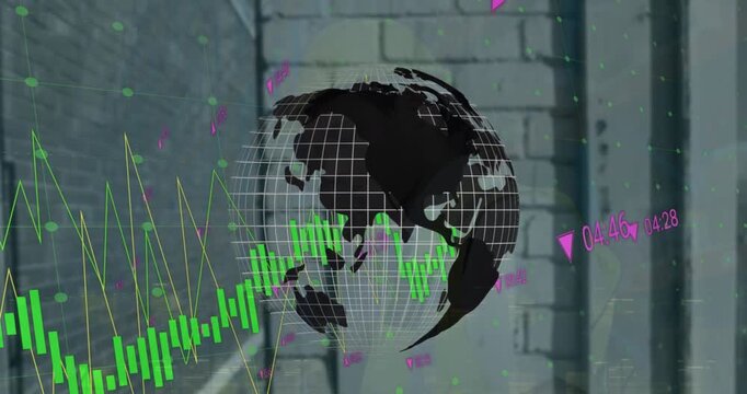 Animation of globe and data processing over wall