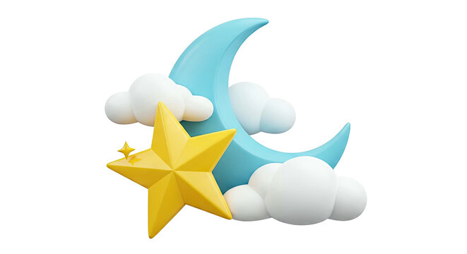3D Render of Crescent Moon, Stars, and Clouds