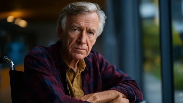 A contemplative elderly man in a wheelchair gazes thoughtfully out a window, showcasing a moment of introspection and emotional depth in a serene setting.