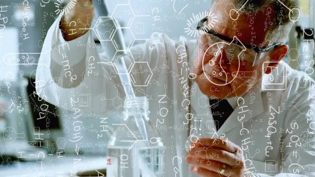 Animation of science concept icons and formulas over caucasian male scientist working at laboratory