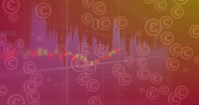 Animation of euro symbol in circle over multiple graphs with numbers on abstract background
