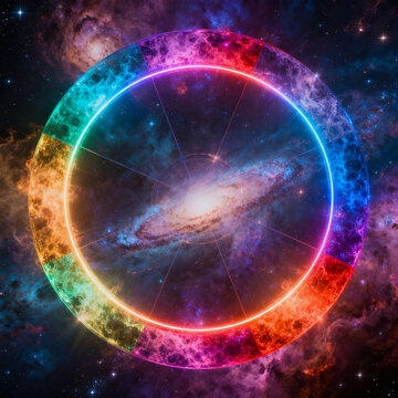 Cosmic Wheel of Life with Glowing Galaxy Center and Sacred Geometry Elements in Deep Space
