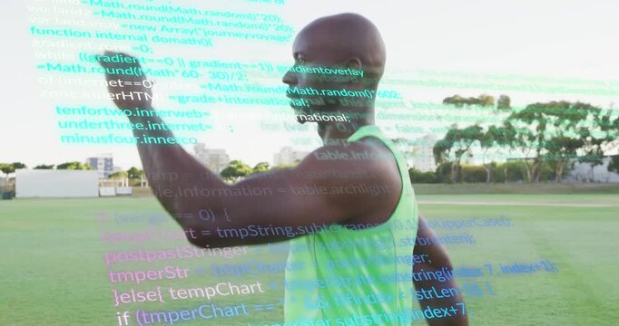 Animation of computer language over african american man doing exercise on ground