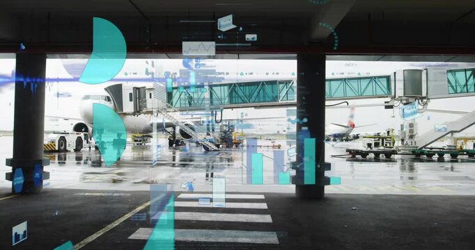 Data analytics and graphs animation over airport terminal with airplane and jet bridge