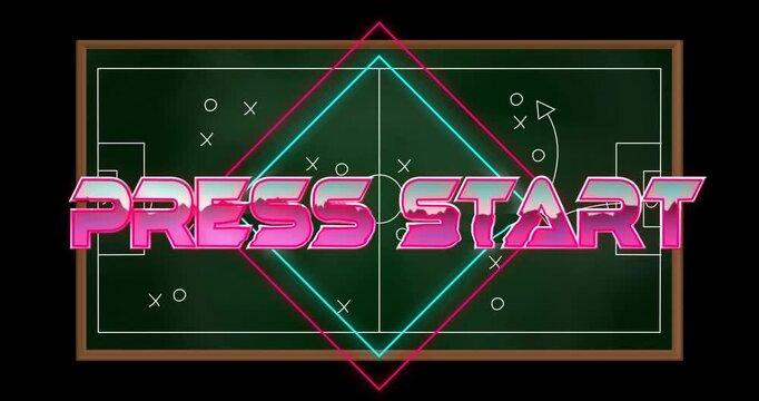 Press Start text animation over football strategy board with neon shapes