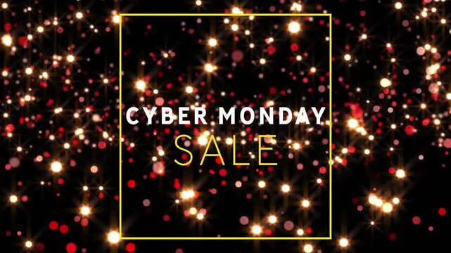 Flat design graphic featuring yellow frame with bold Cyber Monday Sale text over black backdrop