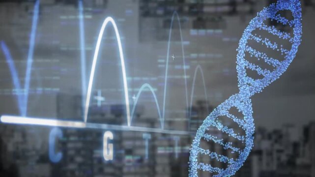 scientist interacting with biotech data interface, revealing floating DNA helix and graph peaks