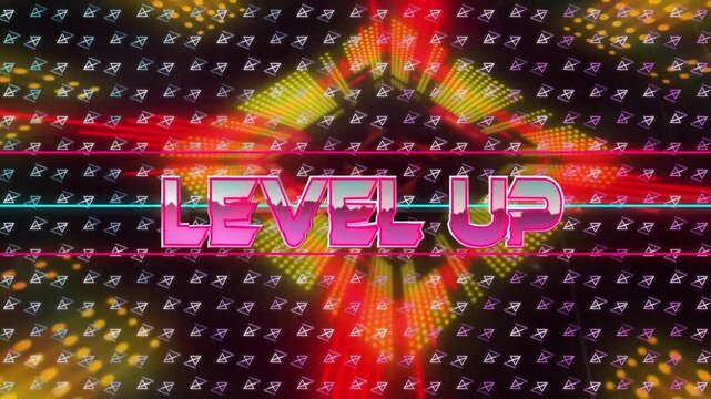 Stylized LEVEL UP lettering being animated across retro grid, with neon bars and arrow icons