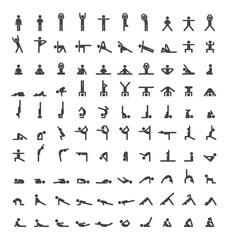 Naklejka premium Collection of stylized white yoga pose icons on white background. Includes standing, seated, balancing, inverted and stretching positions. Perfect for fitness, wellness, instructional design, and yoga