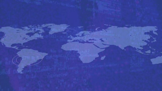Code scrolling behind map starting pulsing rings around South America, Europe, Africa scanning data