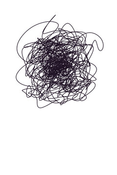 Dark purple messy scribble tangle representing chaos and confusion on a transparent background