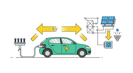 Naklejka premium Electric Vehicle Charging and Smart Grid Integration Diagram. EPS Editable. Vector Illustrations.