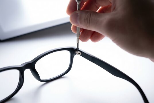 Hand using a tiny metal screwdriver to tighten the hinge screw on black frame eyeglasses