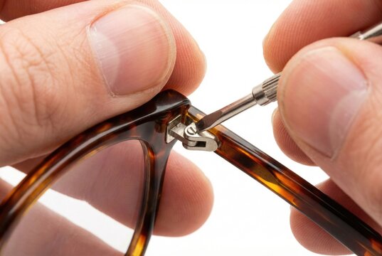 Hands using a precision screwdriver to fix the metal hinge of tortoiseshell patterned eyeglasses