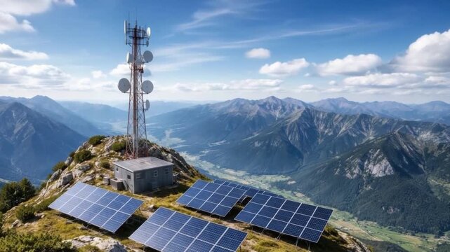 Solar panel array and communication tower on mountain landscape with blue sky clouds green vegetation showcasing renewable energy technology in remote location valley scenic view