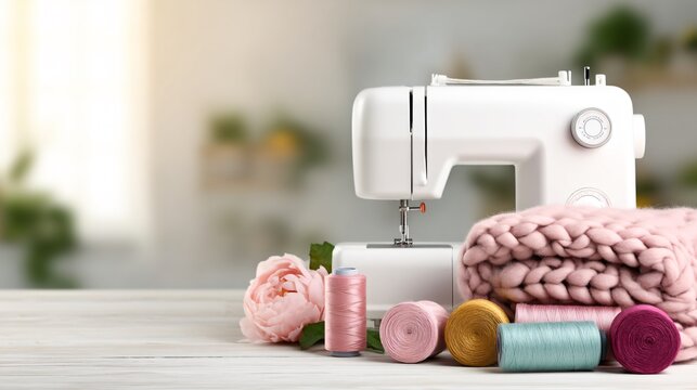 National Sewing Month concept, modern home sewing workspace, sewing machine on desk, fabric and tools neatly arranged, skill building and creativity theme, natural window l