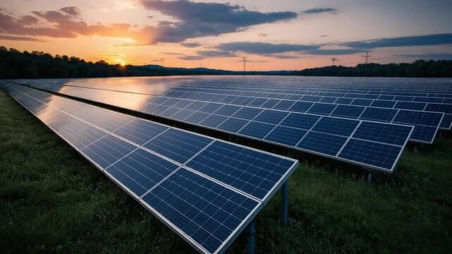 Solar panel sunset renewable energy field green grass sky clouds sustainable environment power generation technology clean energy landscape nature sunlight eco friendly alternative energy outdoors