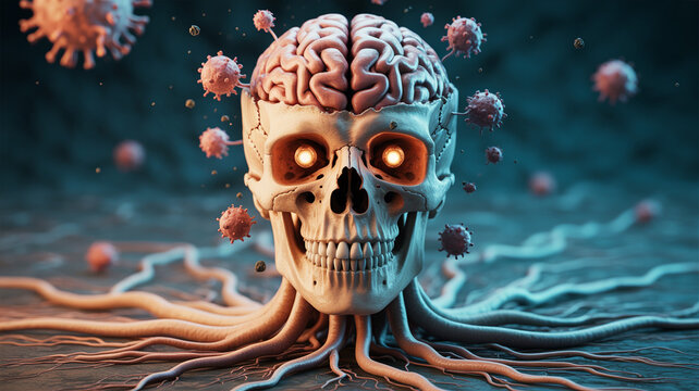 Human skull with exposed brain and roots surrounded by viruses symbolizing sickness and mental health issues in a dark eerie environment