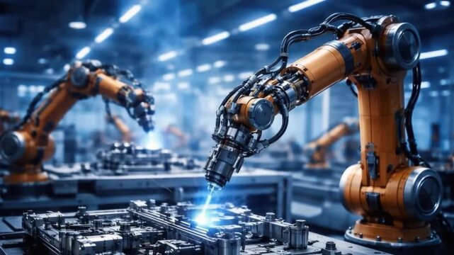 Industrial robot robotic arm automation manufacturing factory technology machinery production engineering metalwork welding metal parts with blue sparks advanced modern production line high precision