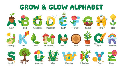 Fototapeta premium Alphabet letters with plants and flowers. EPS Editable. Vector Illustrations.