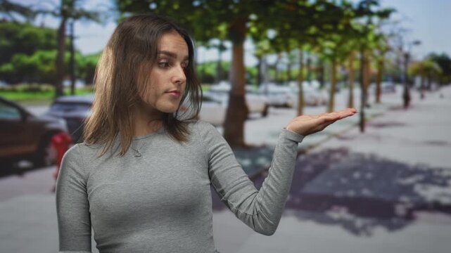 Woman holds palm up on city street sidewalk with parked cars and trees, looking resigned; indifference uncertainty.