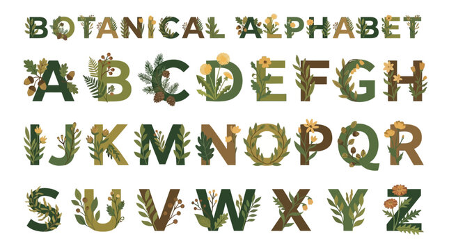 Botanical alphabet letters with leaves. EPS Editable. Vector Illustrations.