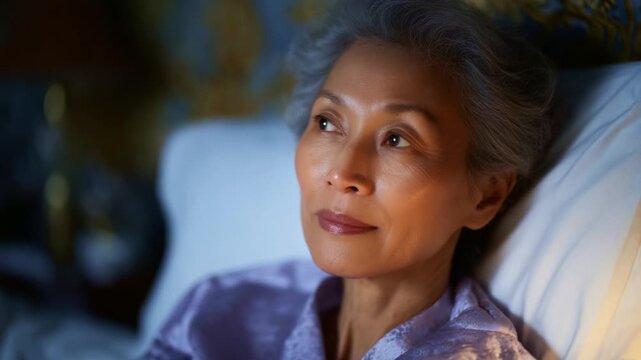 A serene elderly woman gazing thoughtfully out of frame, reflecting on memories and experiences, imbued with warmth and wisdom in a cozy, intimate setting.