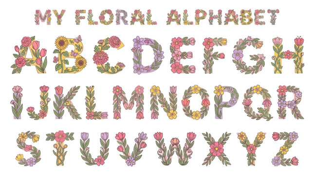 Floral alphabet letters with flowers. EPS Editable. Vector Illustrations.