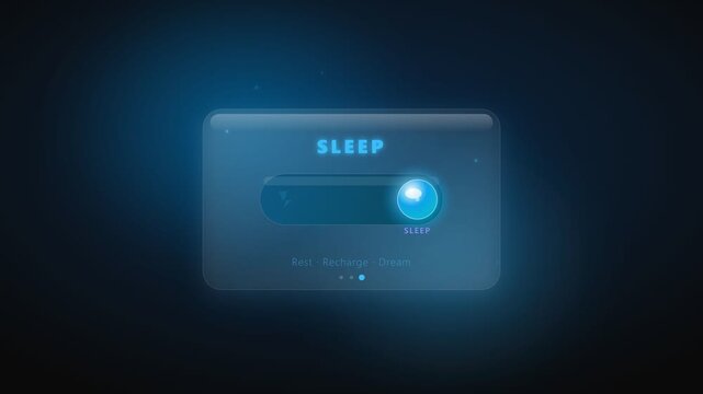 Modern glassmorphism user interface set featuring work and sleep mode toggle buttons with glowing neon gradients. Futuristic UI design representing productivity and relaxation balance, ideal for mobil