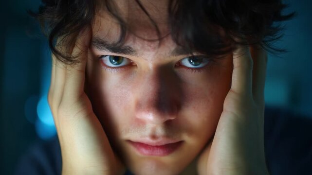 A close-up portrayal of a young man expressing deep emotional turmoil, showcasing intense facial features and a compelling gaze with hands framing his face.