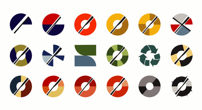 Collection of abstract circular logos and icons in various color palettes, representing diversity and design
