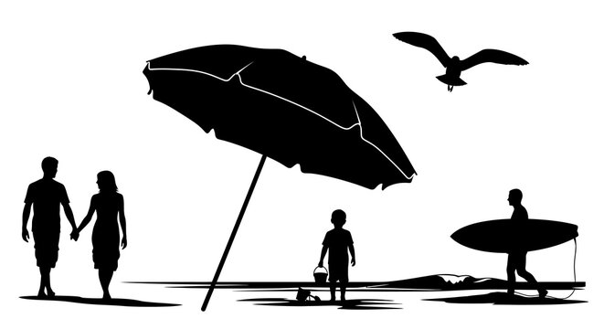 Silhouette of family and surfer at the beach with umbrella and seagull