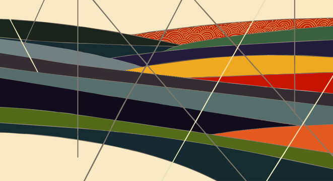 Abstract layered landscape illustration with undulating colorful shapes, intersected by a dynamic network of thin geometric lines, modern artistic background design.
