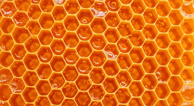 Honeycomb cells filled with golden honey and bubbles close-up view