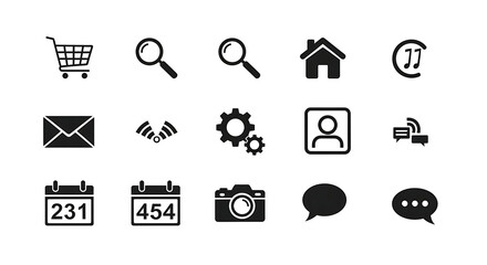 Fototapeta premium Web icons set including shopping cart, magnifying glass, house, music note, email, signal, gear, profile, chat, calendar, camera and speech bubble symbols.