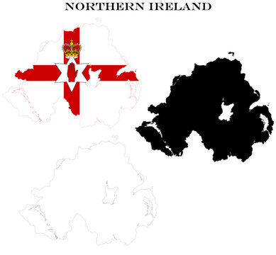 Northern Ireland Map Bundle with Flag, Black Silhouette and Detailed Outline Contours