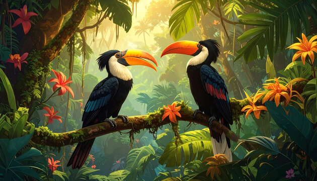 A colorful exotic toucan with a large yellow and orange beak perches on a tropical tree branch amidst the lush green foliage of the wild Brazil rainforest