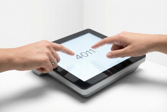 Finger touching pin code on modern tablet point of sale terminal