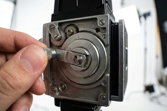 Hand turning film advance crank on vintage medium format camera