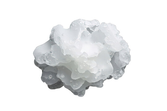 Large irregular hailstone forming during a severe hailstorm, showing frozen layers and ice droplets, transparent background