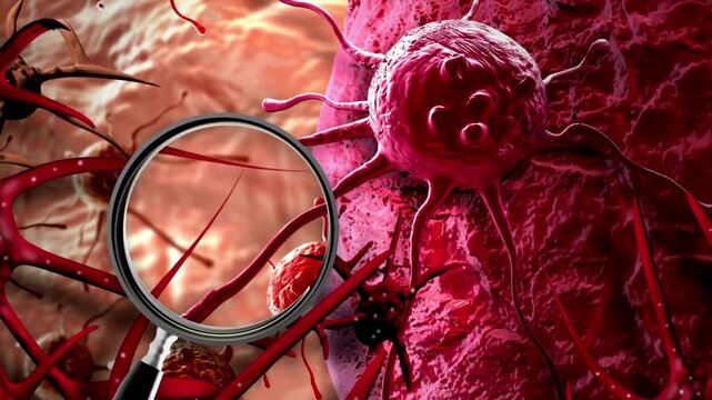 Detailed 3D animation of malignant cancer cells multiplying and spreading through the human body environment, showing microscopic organic textures and biological medical