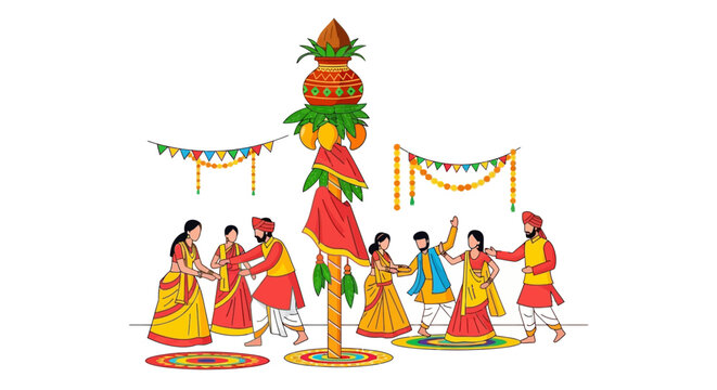 Traditional Indian Women Dancing Festival. EPS Editable. Vector Illustrations.