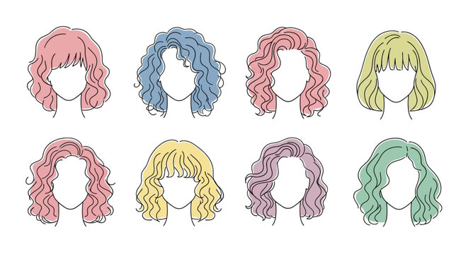 Colorful wigs for fashion illustration.