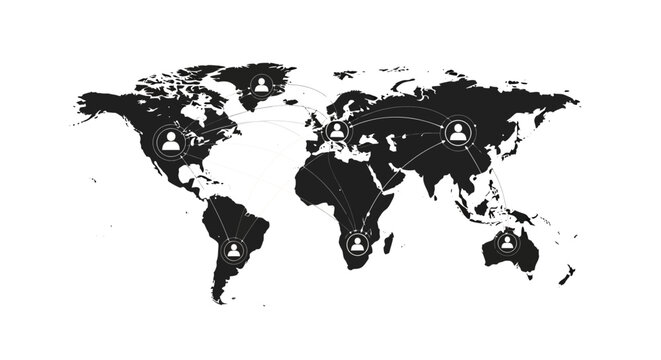 Global connections and communication network across the world map