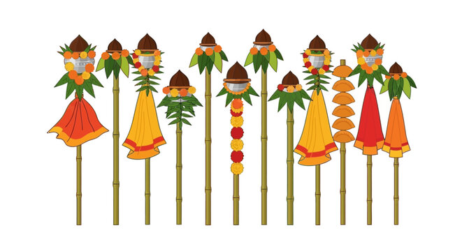 Traditional Balinese Penjor bamboo poles with offerings and decorations. EPS Editable. Vector Illustrations.