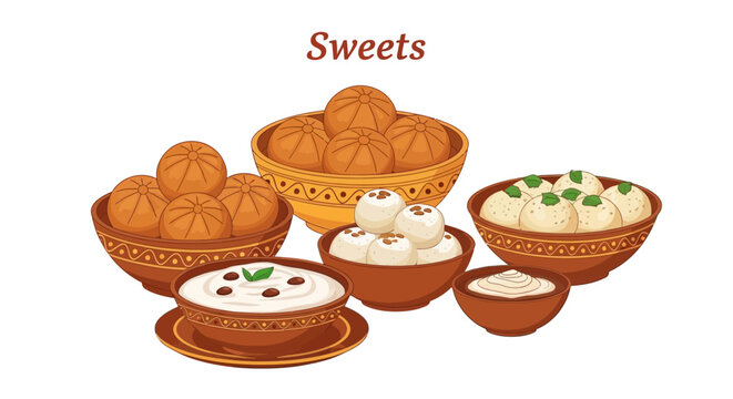 Traditional Indian Sweets in Bowls. EPS Editable. Vector Illustrations.