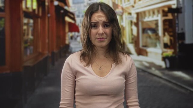 Young hispanic woman grimacing with closed eyes and pursed lips, visible face and heart pendant on chest in a narrow cobblestone street lined with shop windows; sadness.