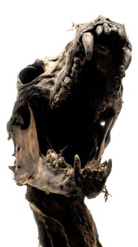 Ancient Mummified Animal Skull with Open Jaws and Sharp Teeth Isolated on White Background, Macro Photography of Taxidermy Specimen for Science