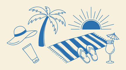 This appealing blue line art illustration features popular summer beach vacation essentials, perfect for travel themes. © NeoVector